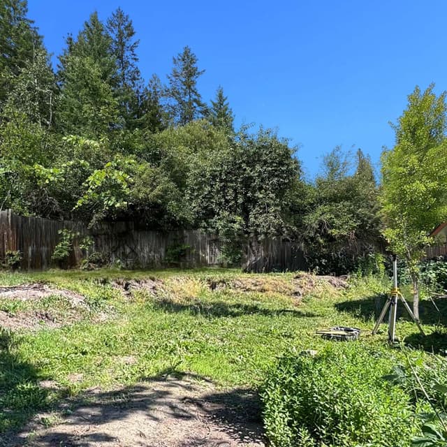 Before photo of a sloped backyard with uneven terrain and patchy grass